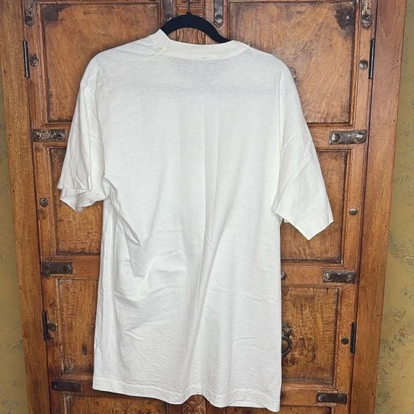 True 80s Vintage White Cotton T-Shirt Black Graphics Art Deco XL Oversized - Picture 4 of 5